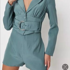 blue tailored d ring belted
romper